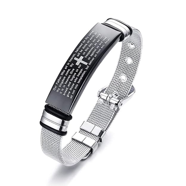University Trendz Metal Stainless Steel Adjustable Casual Christ Crucifix Christian Cross Design Printed Bracelet for Boys & Girls (Black & Silver)