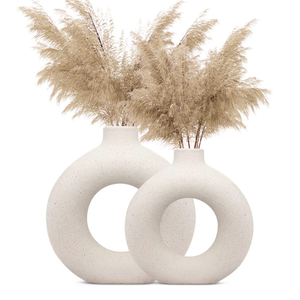 Indulge Homes – White Donut Vase | Ceramic Vase | Round Shaped Vase | Home Centrepiece | Showpiece 6 & 8 Inches (Pack of 2)