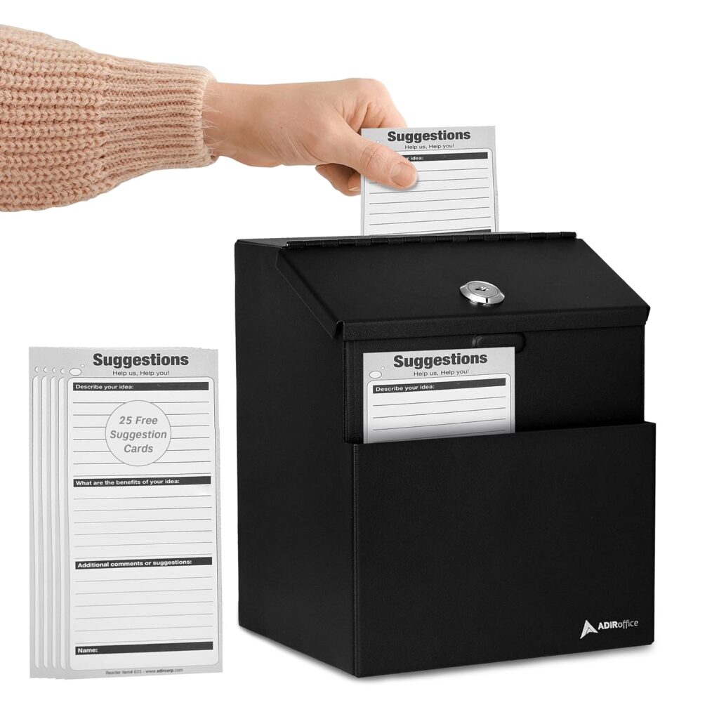 Adir Wall Mountable Steel Suggestion Box, Lock-Key Drop Box, 25 Free Suggestion Cards, Black (631)