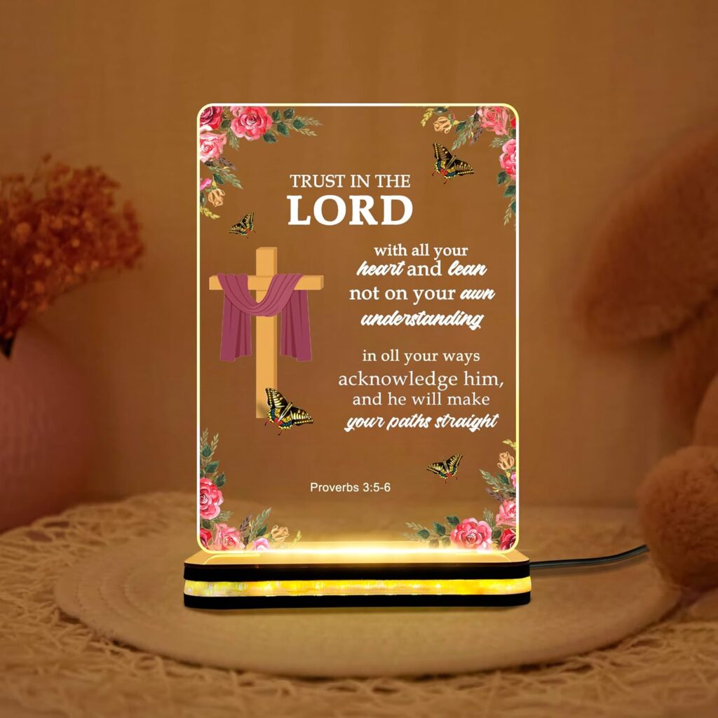DECOCRU Acrylic Bible Verse LED Table Lamp | Religious Gifts for Women, Men | Night Lamp | Inspirational Scripture Butterfly Prayer Room Decor | Christians Gift for Office Desk, Home Decor (6×8 Inch)