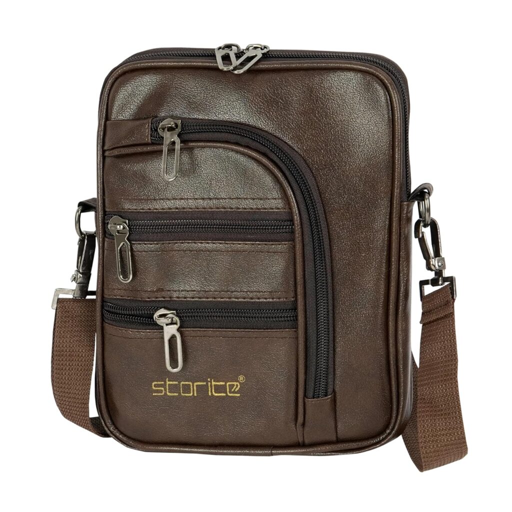 Storite PU Leather Vertical sling Bag For Man With 7 Multi-Pocket Business Messenger Crossbody One Side Shoulder Bag (Brown) (Vertical Sling Bag)
