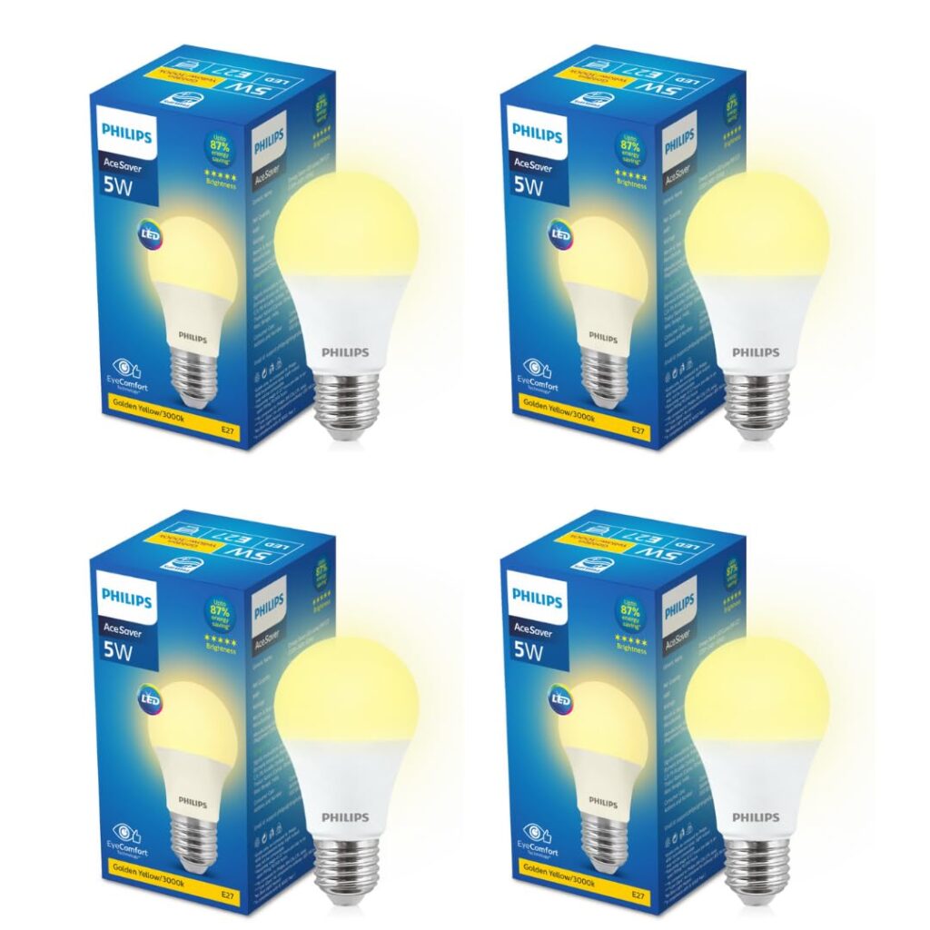 PHILIPS 5-watt LED Bulb | AceSaver LED Bulb | Base: E27 Light Bulb for Home | Warm White, Pack of 4