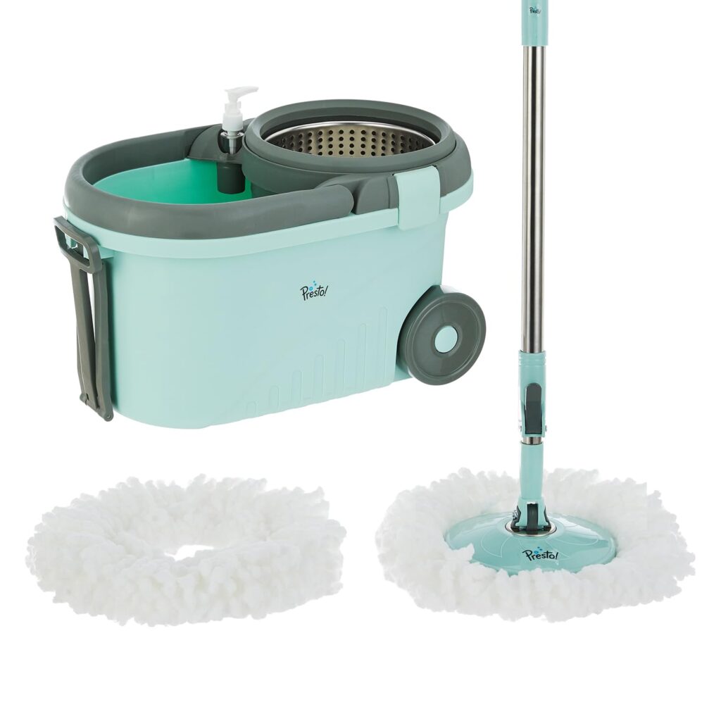 Amazon Brand – Presto! Clean Steel Spin Mop | Plastic & Stainless Steel | 2 Microfiber Refills | Big Wheels with Drag Handle | 360° Spin | Telescopic Handle | Green